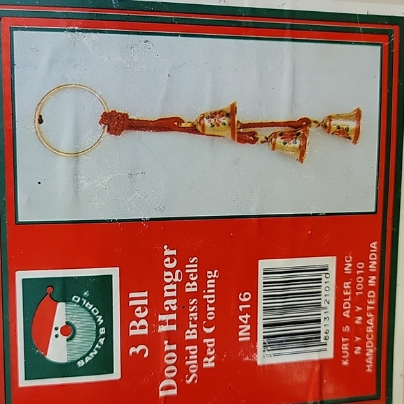 VINTAGE SANTAS WORLD 3 SOLID BRASS BELLS POINSETTIAS DOOR HANGER KURT'S ADLER - Picture 5 of 7